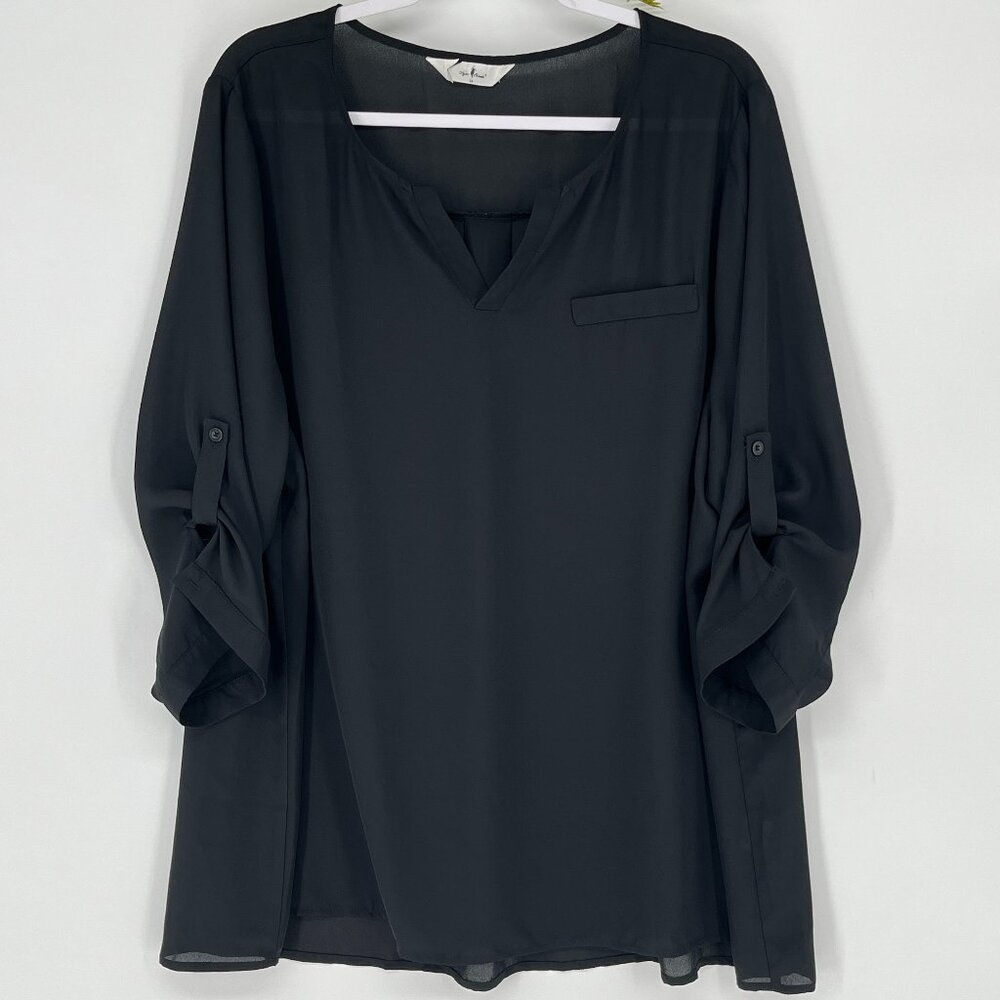 Agnes Orinda Black Roll Tab Sleeve Blouse 3X Sheer Chiffon Tunic Office Holiday‎